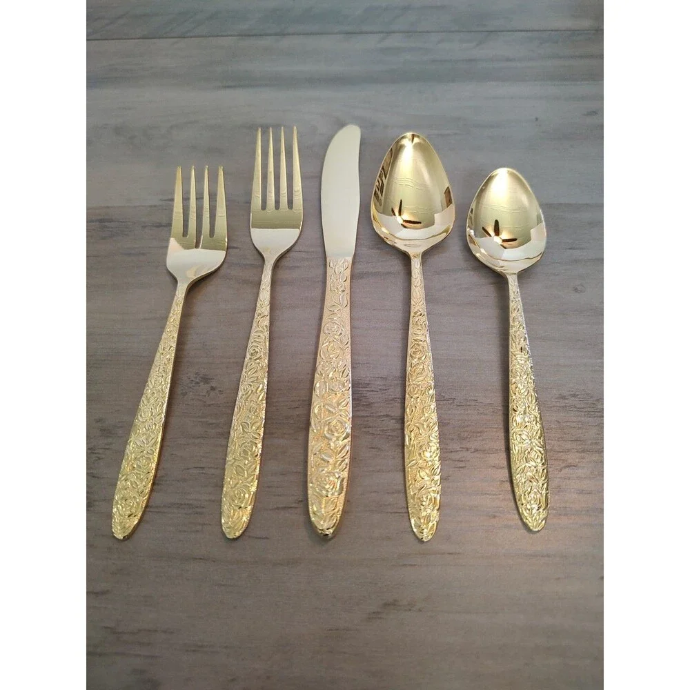 Cosmos CSM42G Golden Plantation Rose Gold Plated Flatware - 5 Pc Place Setting